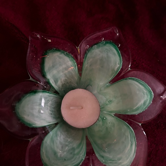 Teal Blue with clear Art Glass Flower shape Candle Holder - Picture 2 of 6